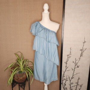 Women's Chelsea28 Blue Off Shoulder Ruffle Dress Size XS denim chambray layered